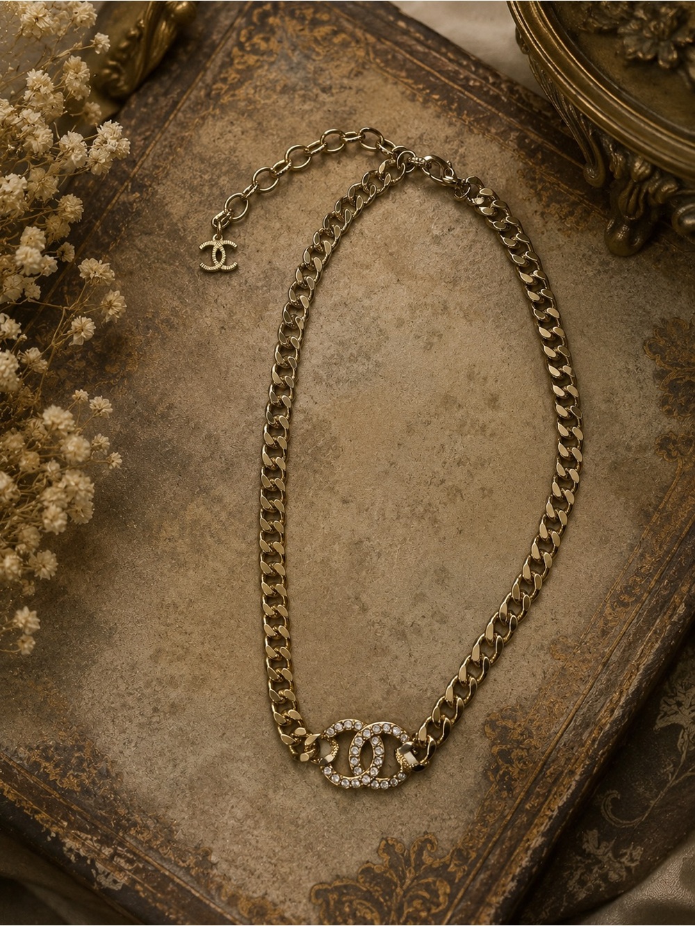 Antique Gold Interlocking C Pavé Chain Necklace